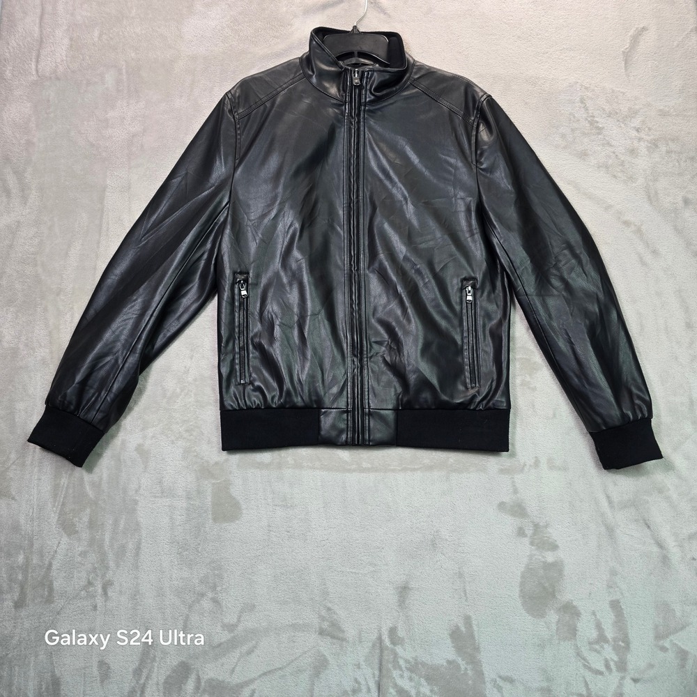 Michael Kors Mens Faux Leather Bomber Jacket Black Full Zip Mock Neck Small